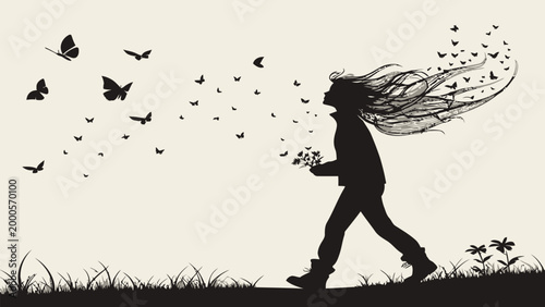 Silhouette of a girl walking with butterflies flying from her long hair