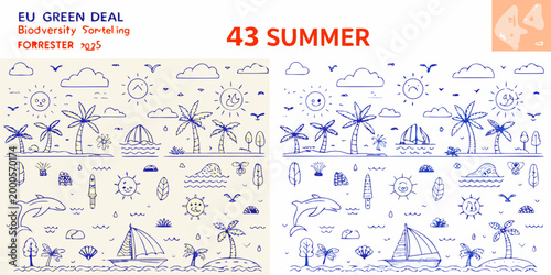 summer themed blue line art illustrations with palm trees and sailboats high quality professional detailed