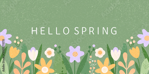 hello spring text with colorful flowers on green background high quality professional detailed modern elegant