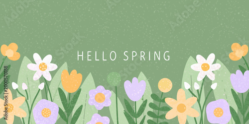 hello spring text with colorful flowers on green background high quality professional detailed modern elegant