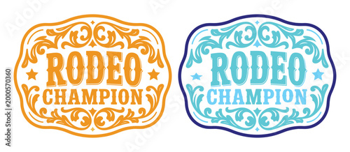 ornate classic rodeo champion cowboy style buckle medal typographic tag emblem, label design, luxurious cowgirl bull rider gold silver medal emblem engraving vector design