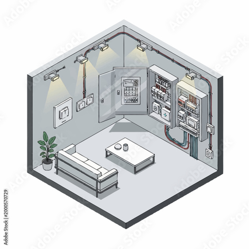Isometric illustration of a living room with electrical panel.