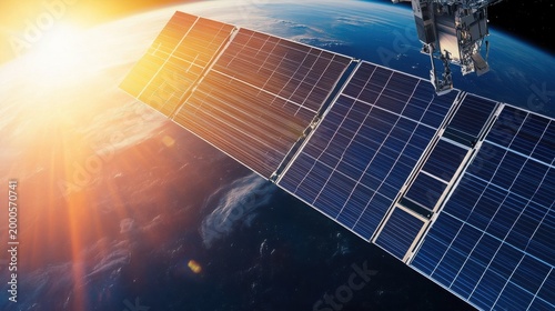 Orbital Satellite with Solar Panels Reflecting Sunlight Above Earth