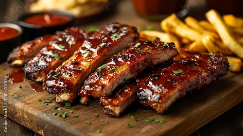 Barbecue Ribs with French Fries on Wooden Board