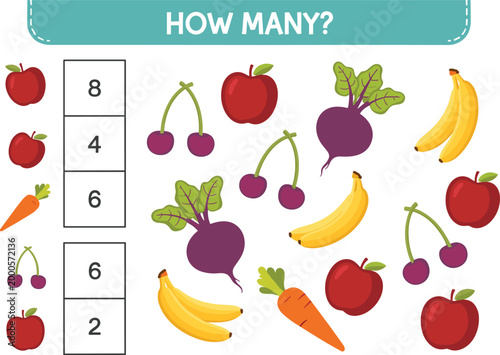 Counting game with apples carrots cherries bananas and beets educational children learning numbers