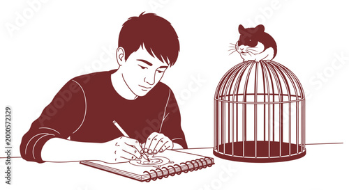Young man drawing in notebook with hamster on an empty cage