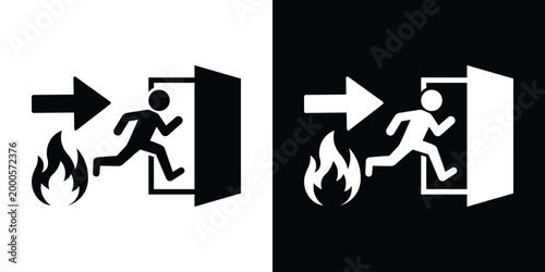 Emergency fire exit sign vector illustration. A person running away from flames toward an exit door. White and black versions. Ideal for safety signs, emergency protocols, and hazard warnings.