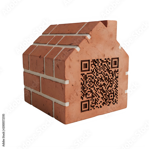 House shaped from bricks with qr code on one side, concept for real estate and technology isolated on transparent background