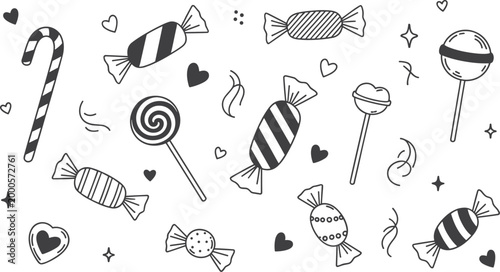 Black and white doodle of assorted candies and hearts candy lollipop candy cane sweet