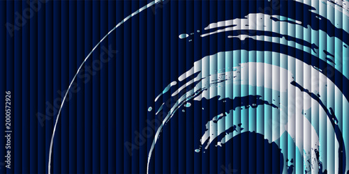 Abstract futuristic digital background, deep navy blue base with vertical ribbed stripes like window blinds, large dynamic wave swirl vortex in light cyan and ice blue tones, Vol 3