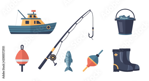 Fishing boat and tackle equipment set.