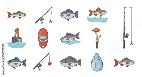 Fish and fishing gear icons set.