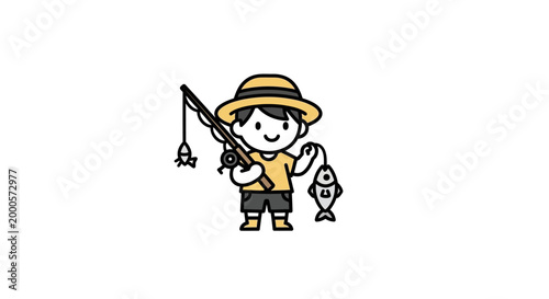 Cartoon boy holding fishing rod fish.