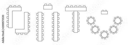 Wedding seating plan with table and chair layout from top view. Banquet event floor arrangement showing furniture design for party room interior blueprint vector.