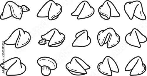 Collection of black and white outline of fortune cookies in various poses food dessert sweet