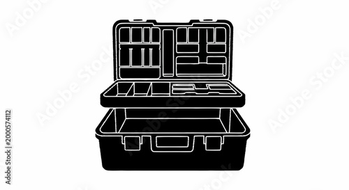 Black plastic tool box open.