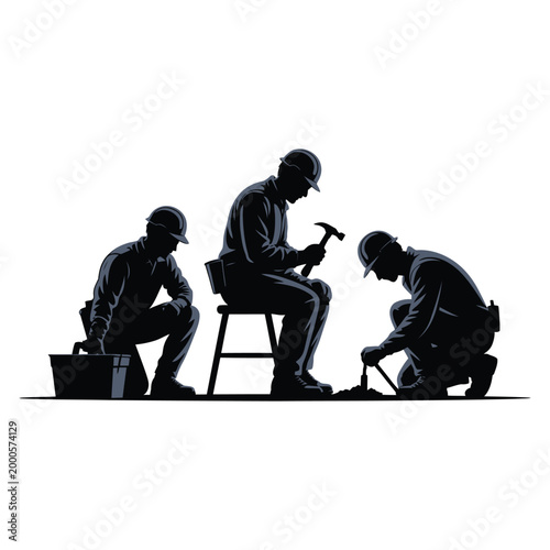 Industrial construction site labor workers silhouette featuring three builders in hardhats with hammer and toolbox working together on a plain white surface.
