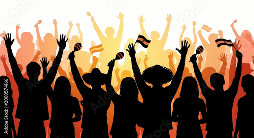 Silhouettes of a cheering crowd celebrating with maracas and flags