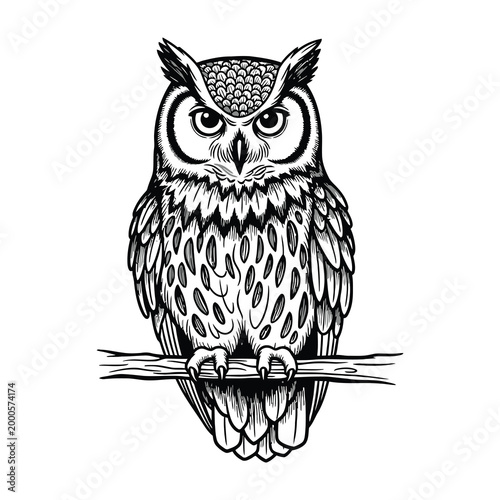 Detailed owl illustration sitting on branch looking forward black and white drawing wildlife art animal portrait