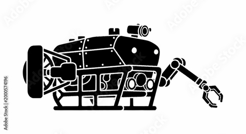 Black robot with mechanical arm.