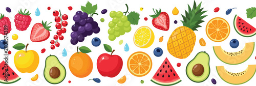 Colorful Mixed Fruit Collection with Watermelon Pineapple Grapes Citrus Berries Apple and Avocado Fresh Organic Flat Illustration Set