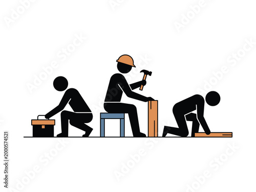 Stick figure construction workers set with carpenter hammering wood and laborer opening toolbox in minimal flat vector style for site safety manuals and DIY.