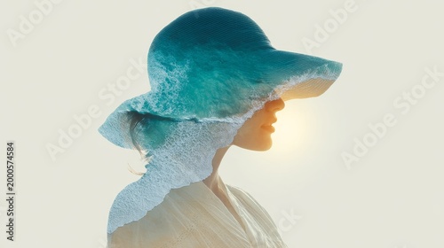 Double exposure of woman silhouette and turquoise ocean waves, summer vacation concept.