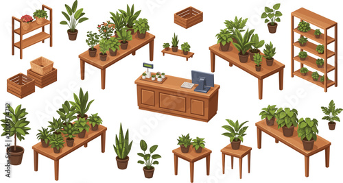 Indoor Plant Shop Collection with Potted Houseplants Wooden Tables Shelves and Store Counter Botanical Flat Illustration Set