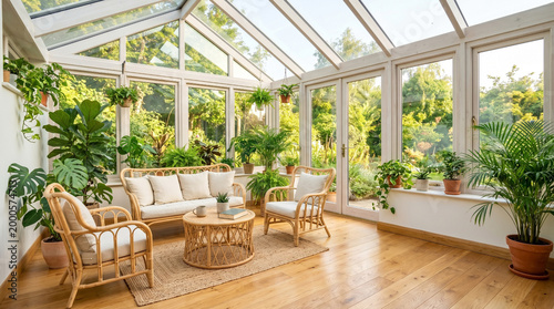 Sunny Conservatory Interior with Rattan Furniture and Green Houseplants