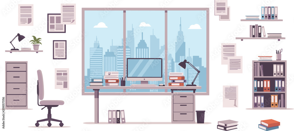 Fototapeta premium Modern office workspace vector illustration with desk computer chair bookshelf and city skyline view through the window for business backgrounds.