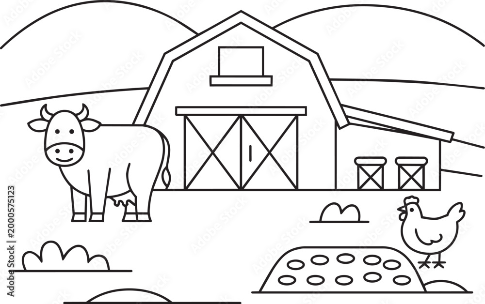 Naklejka premium Farm landscape with cow and hen vector illustration in thin line art style with barn hills for coloring book