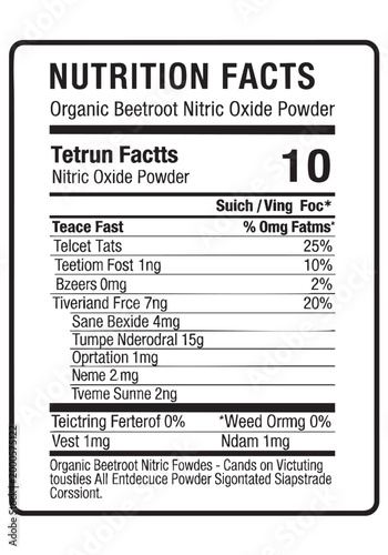 Organic beetroot nitric oxide powder nutrition label displayed clearly. nutrition facts label vector easy editable template