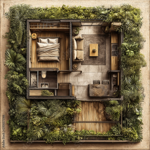 Home flat ground plan design mock-up with furniture and surrounding green space, top view layout:  bedroom, open living with kitchen, bath,  WC, wooden veranda and garden