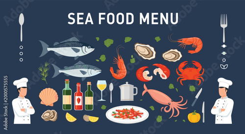 Sea food menu banner featuring an assortment of fish, crab, shrimp, squid, and oysters with two chefs and cooking utensils.