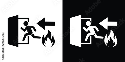 Emergency fire exit sign vector illustration. A person running away from flames toward an exit door. White and black versions. Ideal for safety signs, emergency protocols, and hazard warnings.