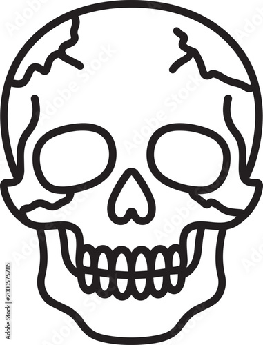 Human skull illustration with crack details on the forehead and grinning teeth in a simple outline style