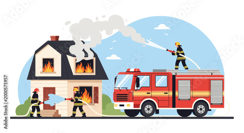 Professional firefighters working together with a large red fire truck to extinguish a dangerous house fire using high pressure water hoses.