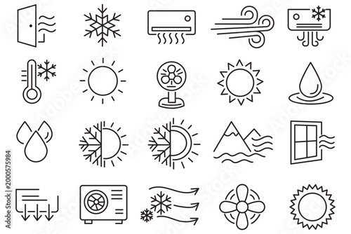 Air conditioning icon set. Contain icons related to cooling, heating, air ionization, and more. editable stroke. Vector illustration