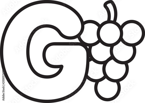 Letter g monogram with grapes illustration in black outline style with food and drink and healthy food