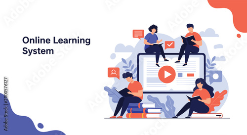 Online learning system concept with diverse students reading books and watching video tutorials on digital tablet platform.