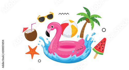 Summer beach icons collection with pink flamingo float and tropical elements like palm tree and coconut in vibrant flat style.
