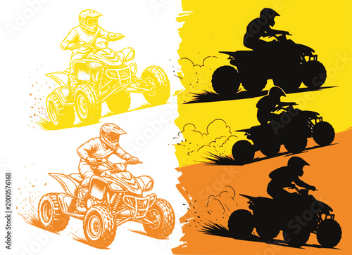 Set of extreme quad bike ATV riders: colored line art illustrations and black silhouettes