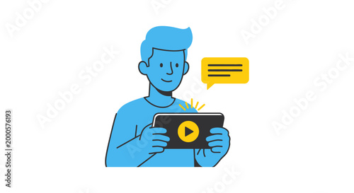 Man holding smartphone with play button.
