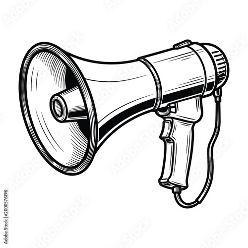 Detailed illustration of a handheld bullhorn with handle and cord on white background