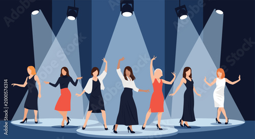 Talented group of women dancing on stage under bright spotlights in various elegant outfits in modern flat illustration style.