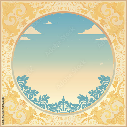 Vintage decorative circular frame with sky and floral elements, art nouveau