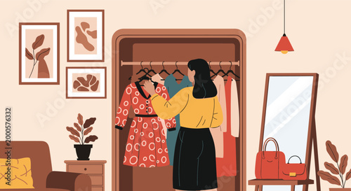 Woman choosing a stylish dress from her wardrobe in a cozy bedroom interior with mirror and decorative wall art frames.