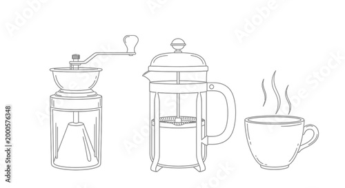 Manual coffee grinder French press and hot cup line art