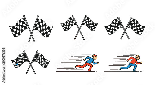 Sports racing icons collection featuring checkered finish flags and runners in high speed motion with dynamic line effects.