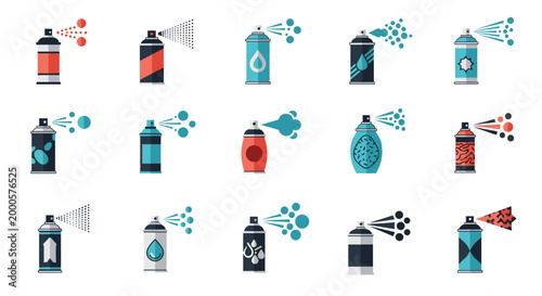 Diverse collection of aerosol spray cans with different colors and spray patterns for various industrial and creative uses.